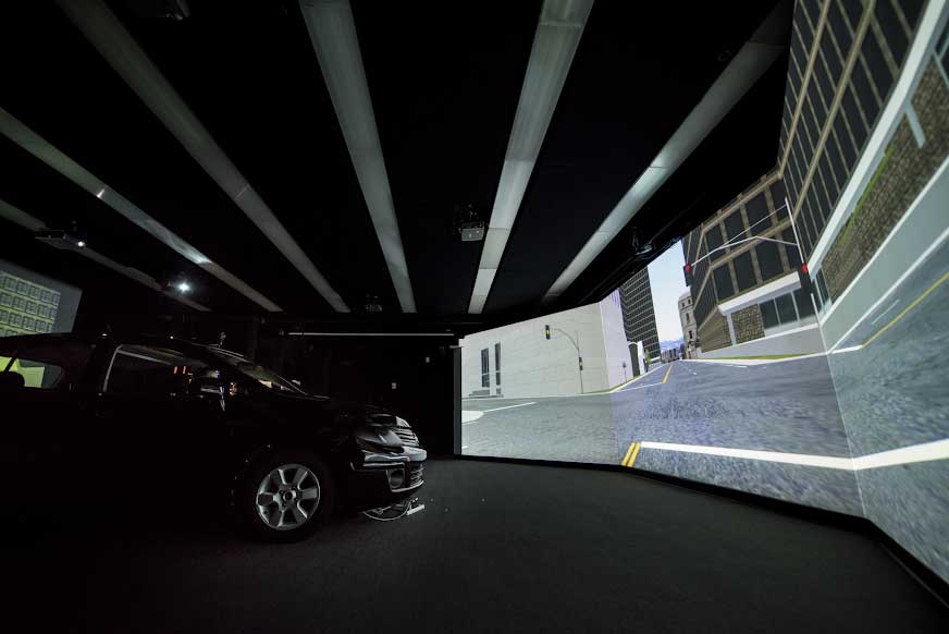 Laboratory simulation of urban, highway and rural route driving at the U-M Transportation Research Institute. Image courtesy: UMTRI