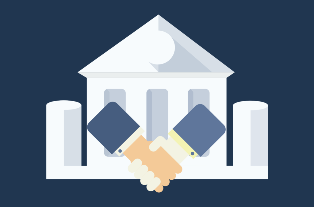 Illustration of two people shaking hands outside of a government building.