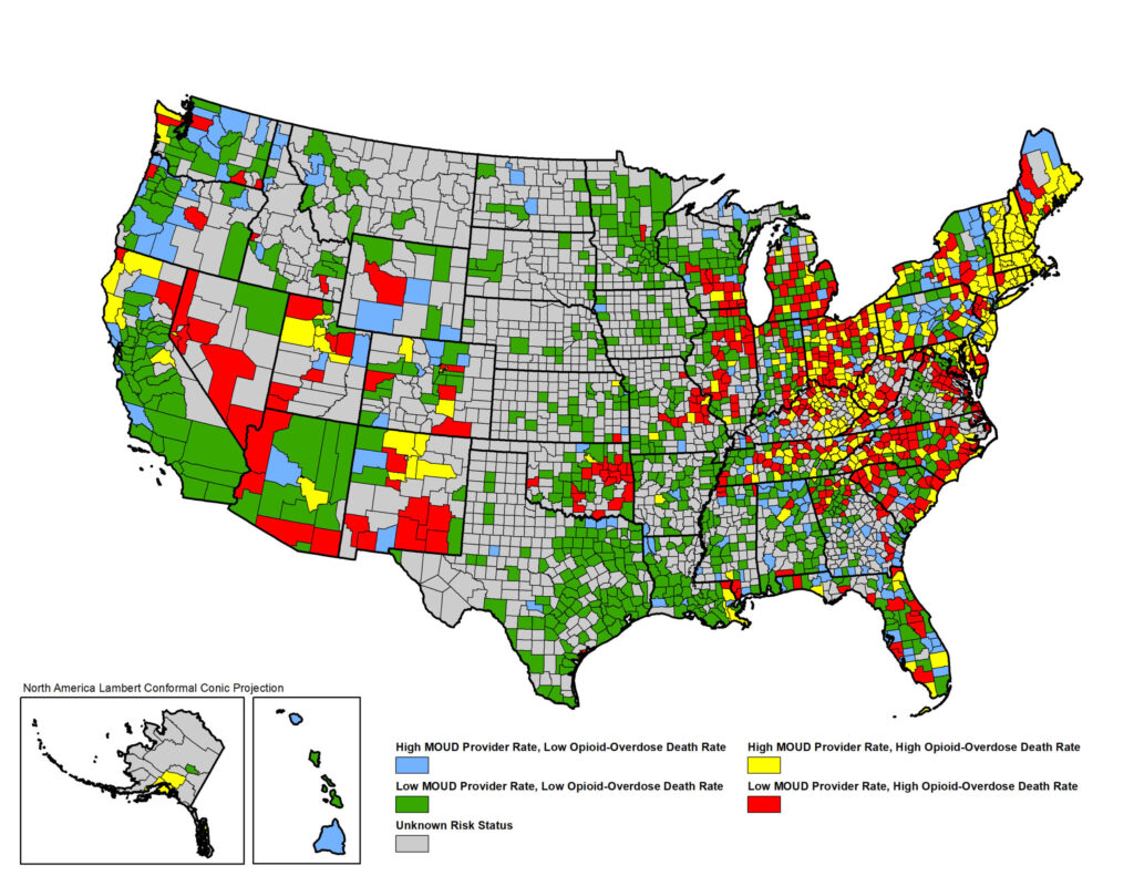Map shows counties with opioid high-risk, which includes low rate of medication for treatment of opioid use disorder providers and high rates of opioid overdose death (red). Image credit: Rebecca L. Haffajee, JD, PhD, MPH; Lewei Allison Lin, MD, MS; Amy S. B. Bohnert, PhD, MHS; Jason E. Goldstick, PhD