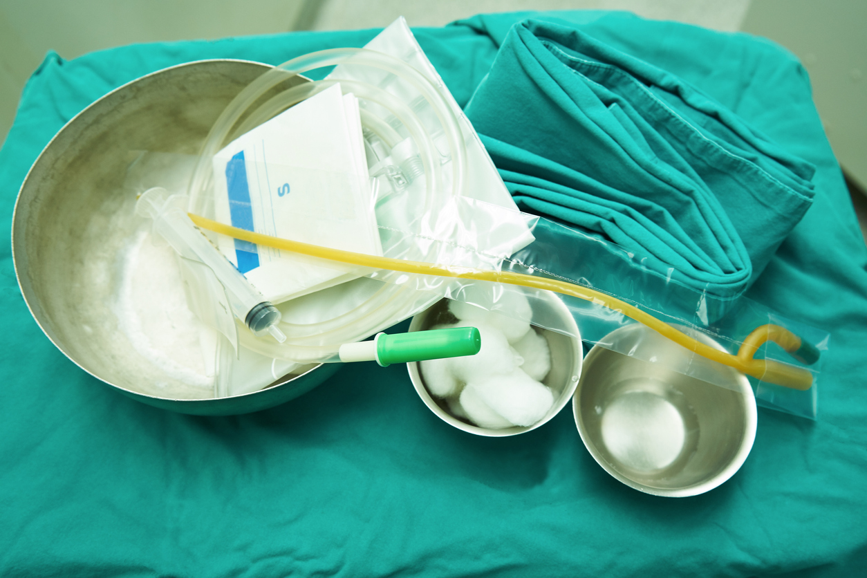 Sterile set of urinary catheterization for patient undergoing surgery in operating room. Image credit: iStock