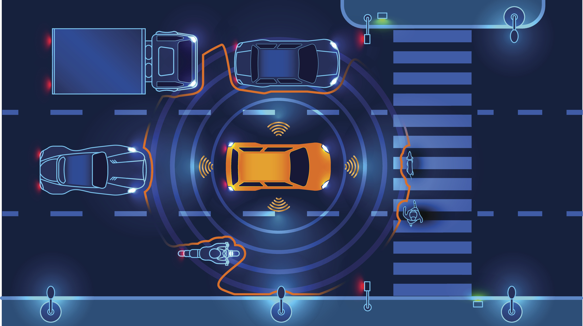 Autonomous smart car scans the road operates the machine automatically stops at the crosswalk in the city. (stock image)