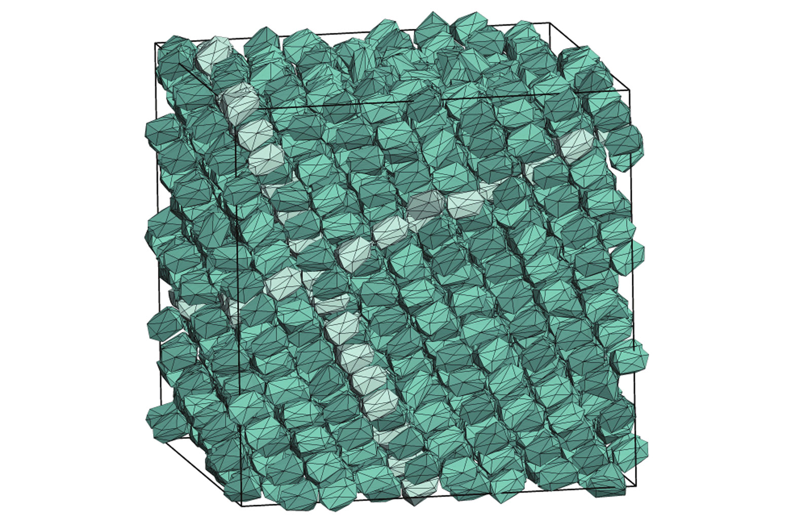 Inside the boundaries of the simulation, a particle shape designed by a computer program creates a new kind of crystal—a variation on what is known as “hexagonal close packed.” Image credit: Glotzer Group, Michigan Engineering