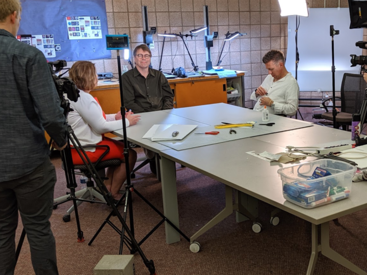 Stephen Rush, Professor of Performing Arts and Teach-Out co-host John Pasquale, director of the Michigan Marching and Athletic Bands, film their Teach-out video in the Duderstadt Center's Design Studio. Image courtesy: Michigan Online