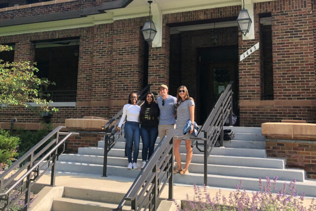 From left, Chyanne Laldee, Anisha Konkipudi, Nick Wasik and Taylor Fegan, student leaders representing the four Greek governing councils at U-M, stand outside the new home of Fraternity & Sorority Life. (Photo courtesy of Nicole Banks, Fraternity & Sorority Life)