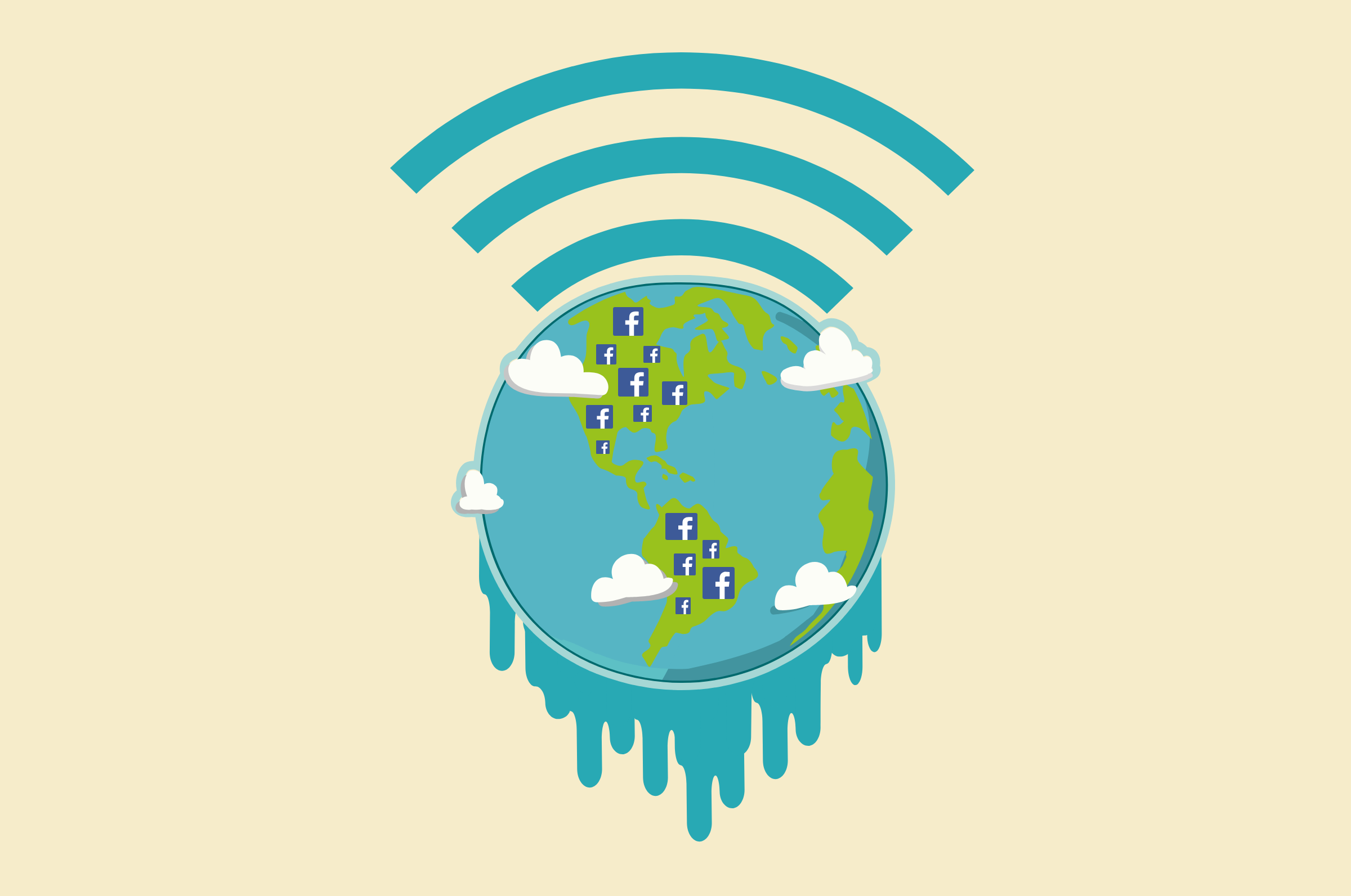 Concept illustration showing fake news about climate change spreading through Facebook. Illustration credit: Charles Kamper