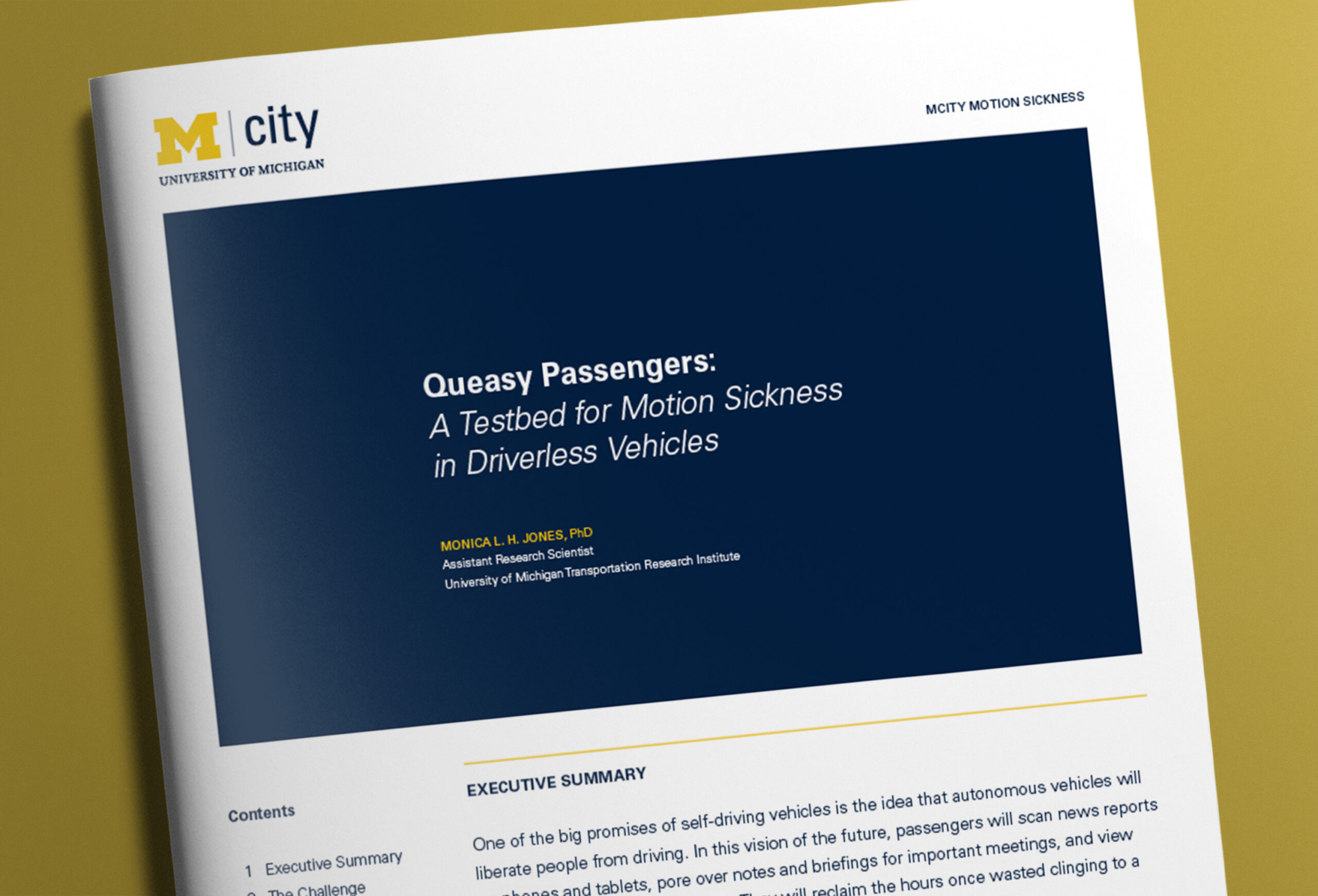 Cover of white paper from Mcity titled "Queasy Passengers: A Testbed for Motion Sickness in Driverless Vehicles."