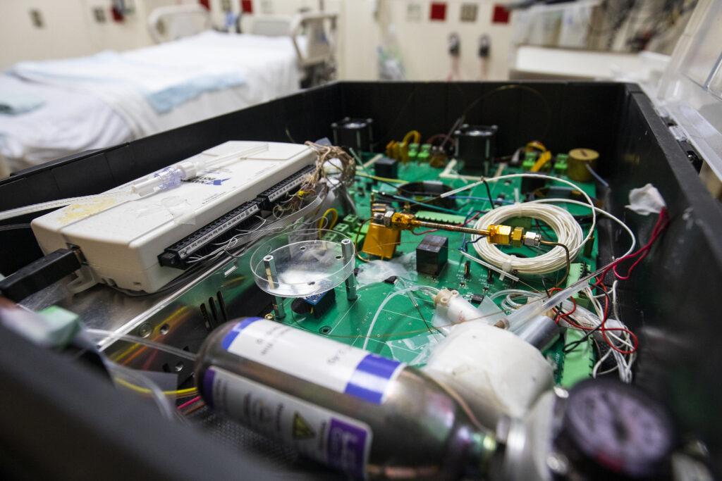 Inside the protective covering of a portable breath monitor. Photo by Robert Coelius/Michigan Engineering, Communications and Marketing