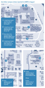 Map highlights items listed in the Police Beat roundup of August incidents.
