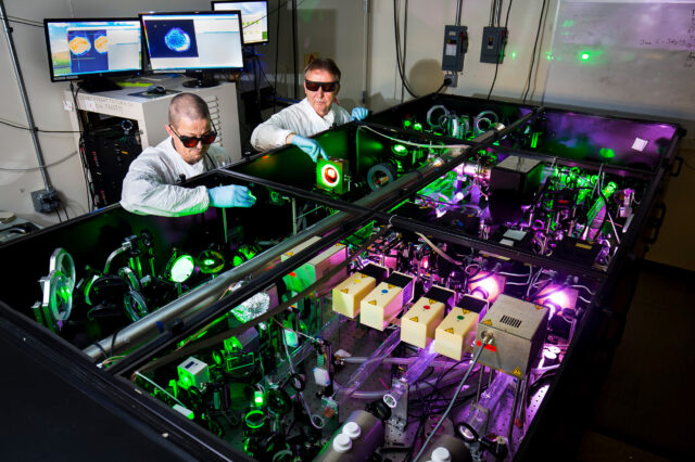 Photo of scientists demonstrating the HERCULES laser in September 2017.