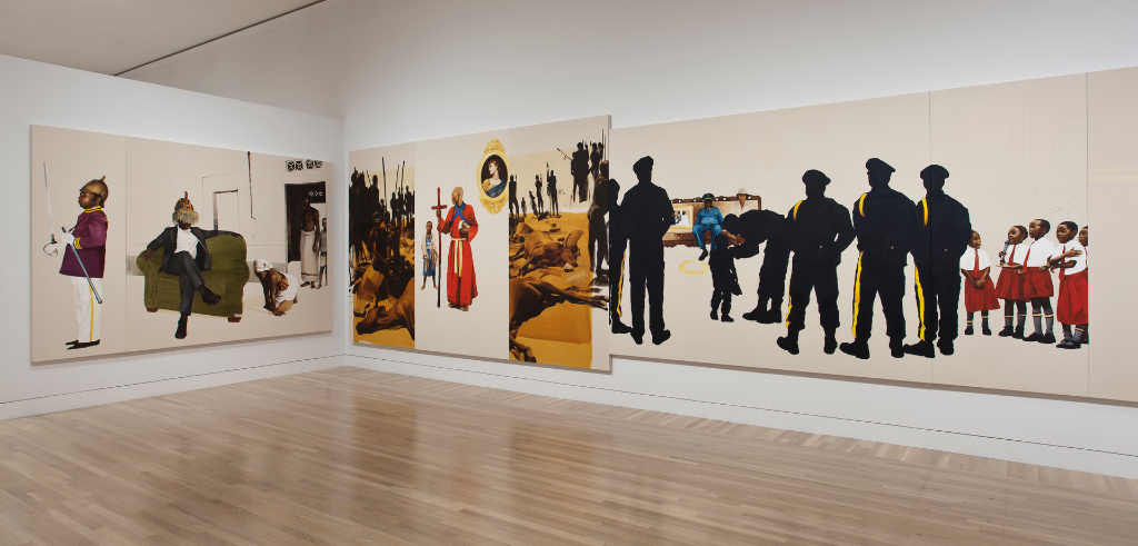 Sikhuselo Sembumbulu, 2012, Oil and charcoal on canvas, 96" x 632" Installation View, Hammer Museum, Los Angeles. Image courtesy Meleko Mokgosi