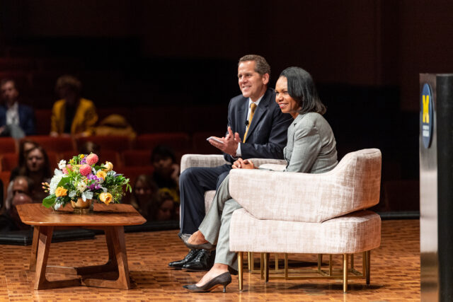 Photo of former Secretary of State Condoleezza Rice and Ford School Dean Michael Barr.