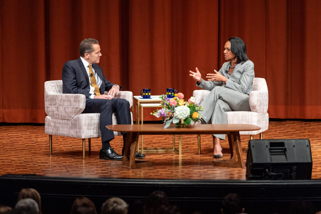 Photo of former Secretary of State Condoleezza Rice and Ford School Dean Michael Barr.