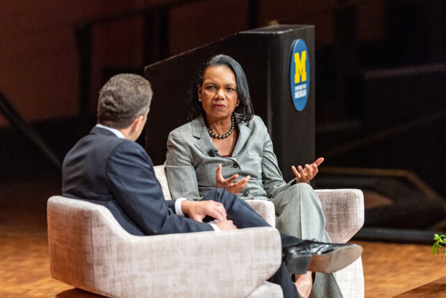 Photo of former Secretary of State Condoleezza Rice and Ford School Dean Michael Barr.