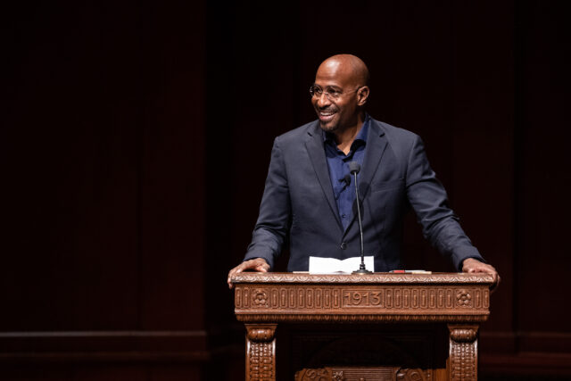 Photo of Van Jones delivering remarks at Hill Auditorium.
