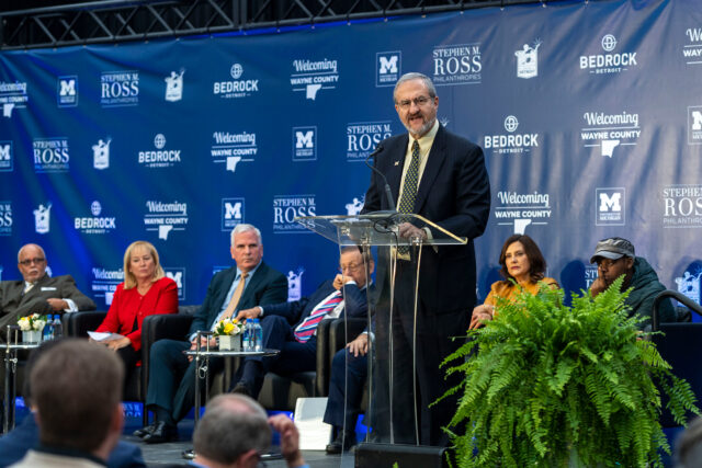 President Mark Schlissel delivers remarks during an Oct. 30 event announcing the Detroit Center for Innovation, which will be anchored by a variety of U-M programs. (Photo by Scott C. Soderberg, Michigan Photography)