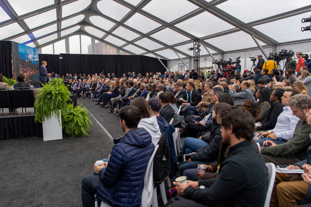Stephen M. Ross speaks to the crowd on hand for the announcement of the Detroit Center for Innovation. (Photo by Roger Hart, Michigan Photography)