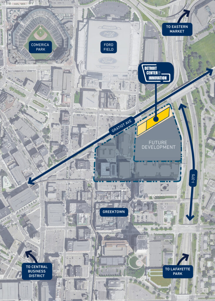 Map showing the location of the Detroit Center for Innovation.