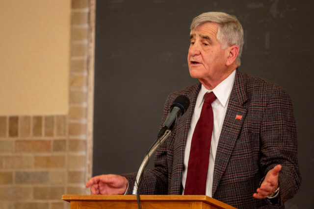 Photo of Henry F. Reichman, chair of the American Association of University Professors Committee A on Academic Freedom and Tenure, delivering the Faculty Senate's annual Davis, Markert, and Nickerson Lecture on Academic and Intellectual Freedom.