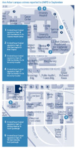 Map highlights items listed in the Police Beat roundup of September incidents.