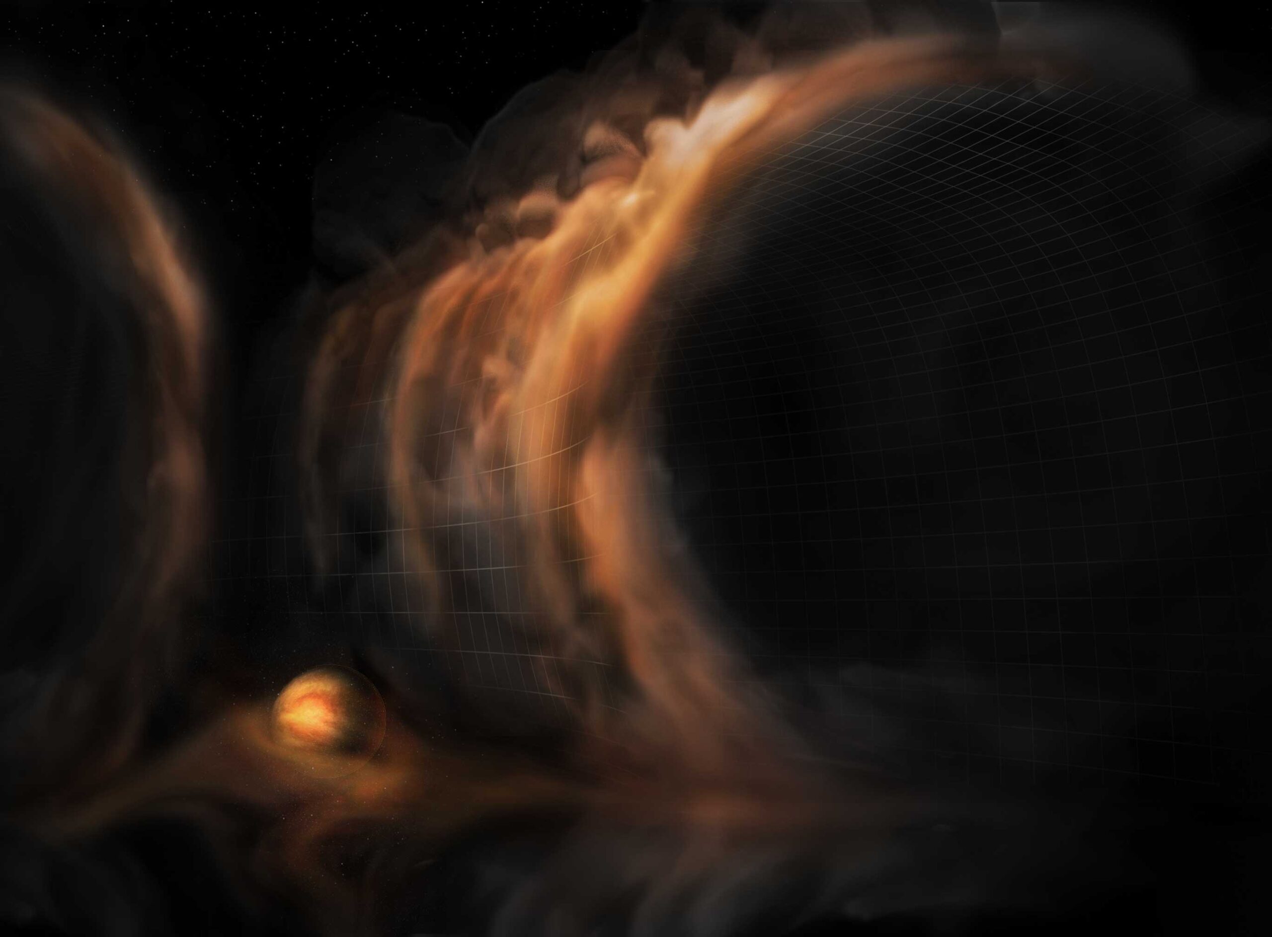 Artist impression of gas flowing like a waterfall into a protoplanetary disk gap, which is most likely caused by an infant planet. Image credit: NRAO/AUI/NSF, S. Dagnello