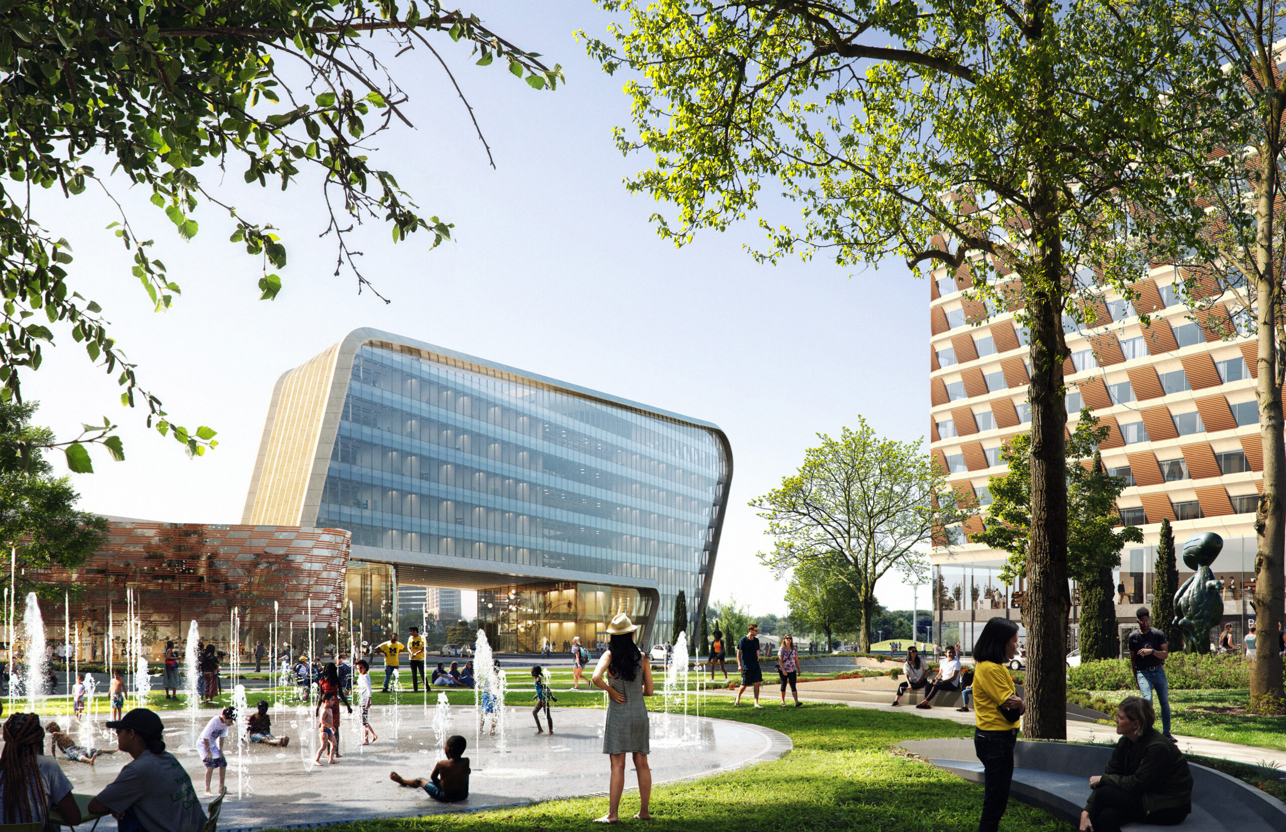 Rendering that illustrates what the Center at Gratiot Avenue and St. Antoine Street in Detroit will look like when finished. Image credit: Detroit Center for Innovation