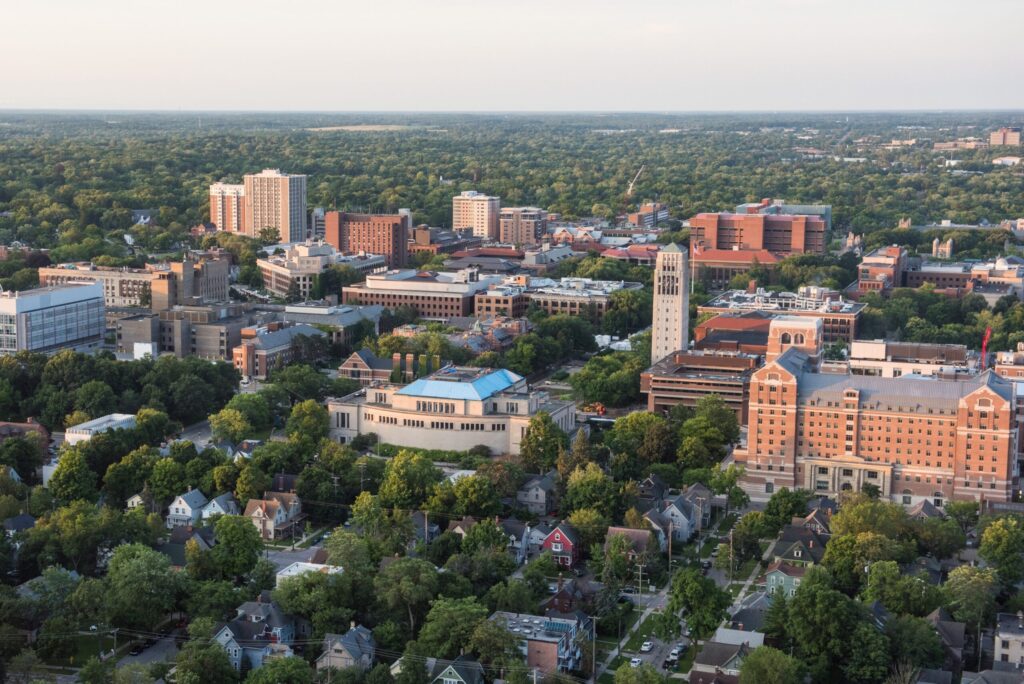 Aerial view of the University of Mihigan Campus. Image credit: Michigan Photography