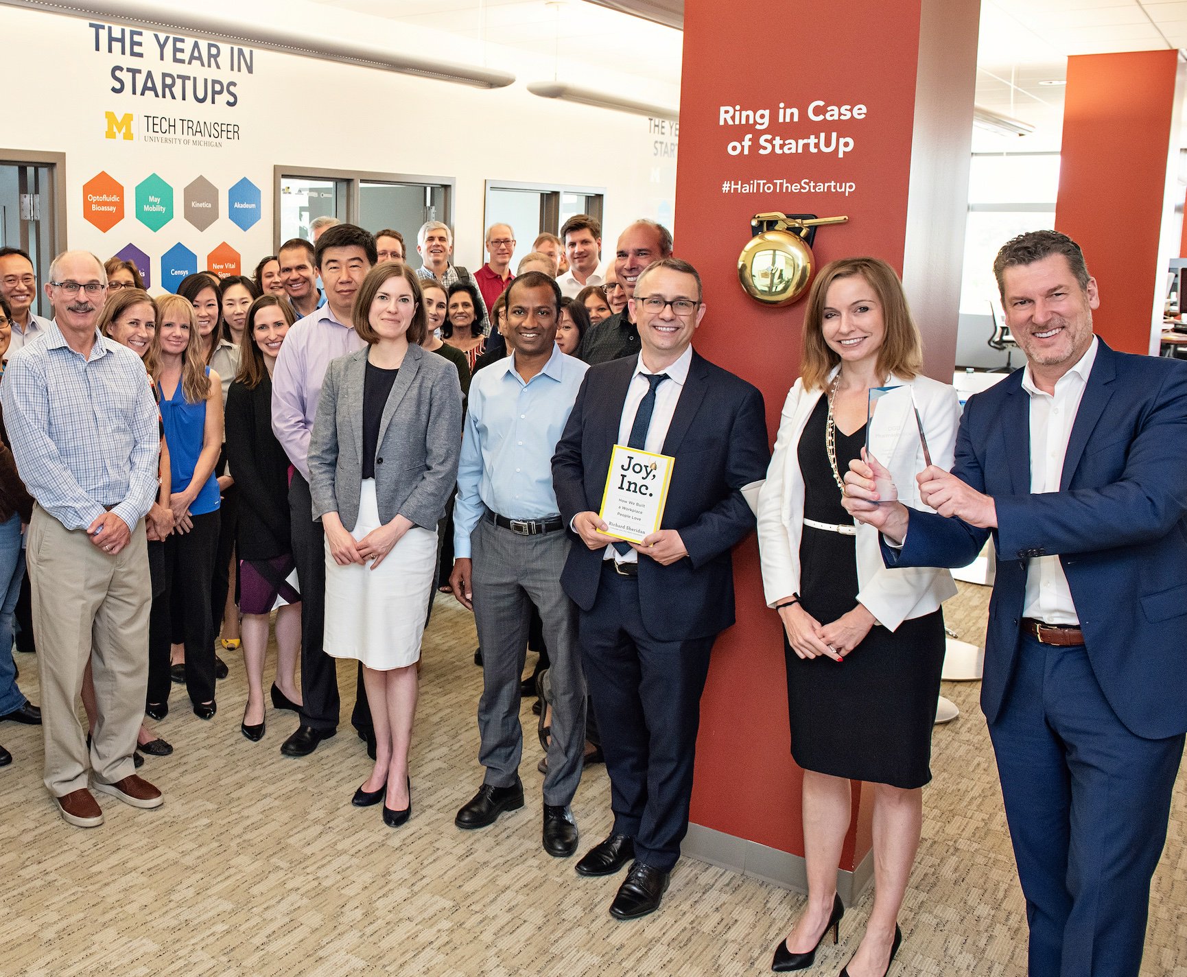 The Tech Transfer team welcoming our FY 2019 startup DGD Pharma into the office to ring the startup bell. Image courtesy: Tech Transfer