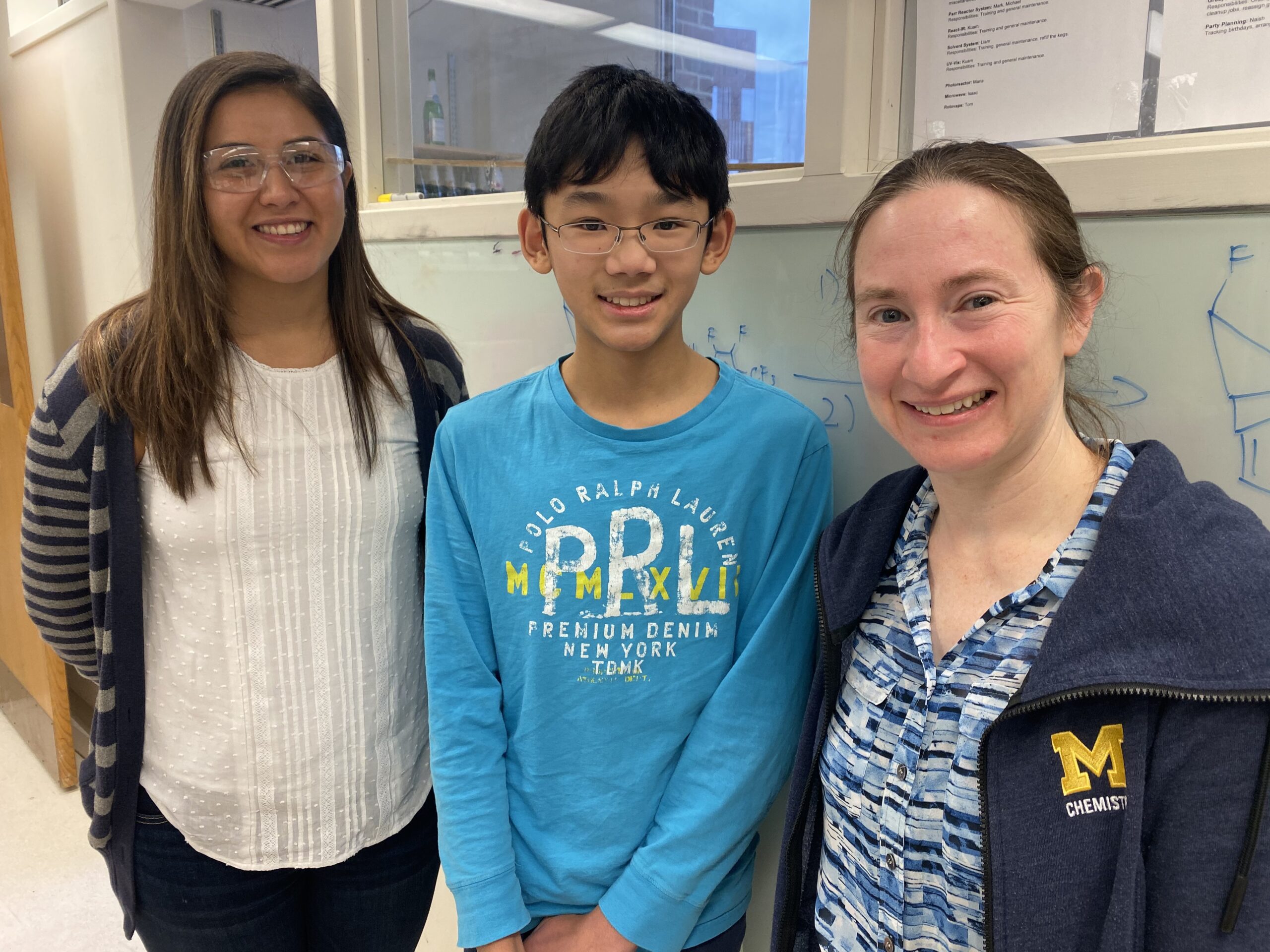 Liu with his mentors, Melanie Sanford, professor of chemistry, and Ellen Aguilera, graduate student. Credit: Fernanda Pires