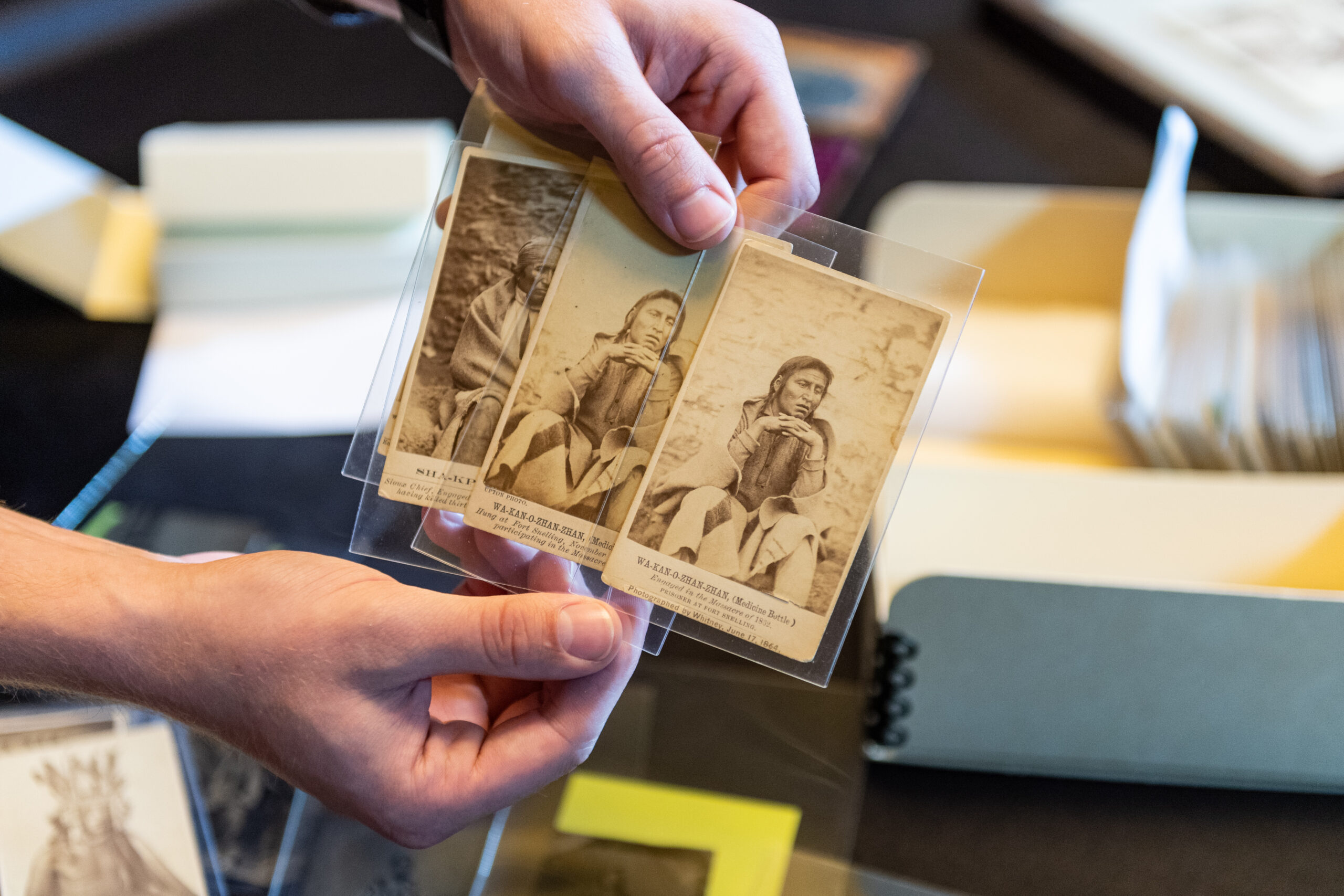 Carte de visite photographs by Joel Whitney of participants in the Dakota Uprising of 1862, showing Medicine Bottle (Wakanozhanzhan) at Fort Snelling, awaiting execution. Image credit: Scott Soderberg, Michigan Photography
