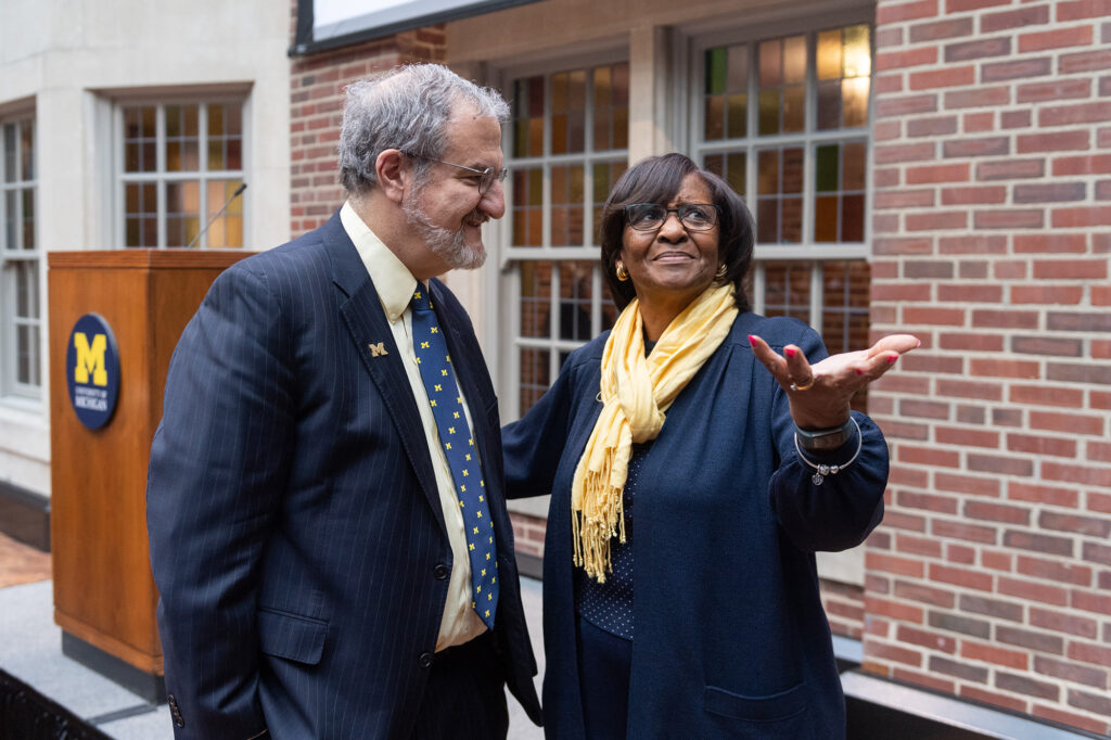 President Mark Schlissel and E. Royster Harper, vice president emeritus of student life, take a moment to admire the new Union.