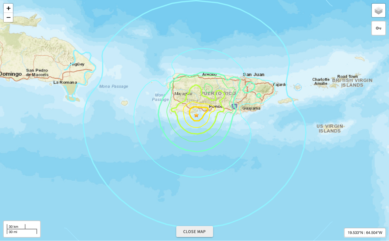 Map showing 8km S of Indios, Puerto Rico and impact of the January 6, 2020, M 5.8 earthquake. Image courtesy: USGS