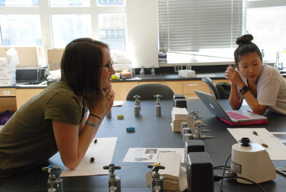 Lisa Walsh, a graduate student instructor in ecology and evolutionary biology, discusses an experiment with U-M student Jenna Lee.