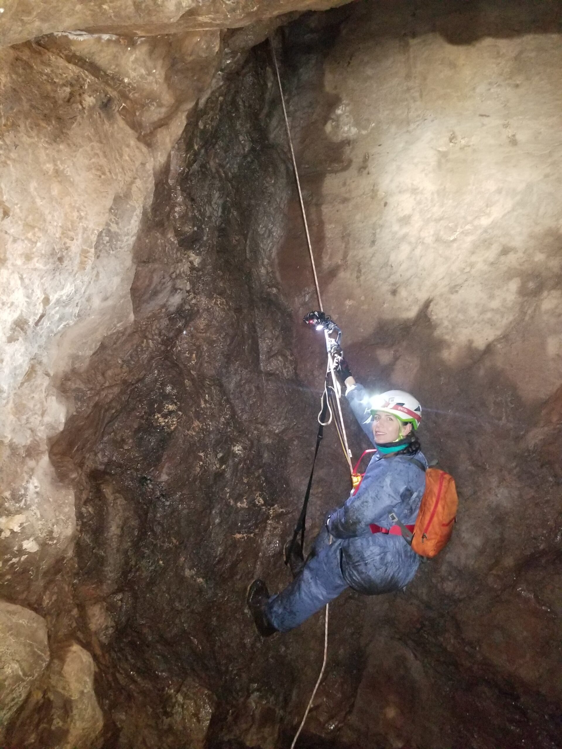 U-M doctoral student Giorgia Auteri rappelling into an abandoned Upper Peninsula copper mine to study hibernating little brown bats, one of species known to be affected by white-nose syndrome. Image credit: John DePue