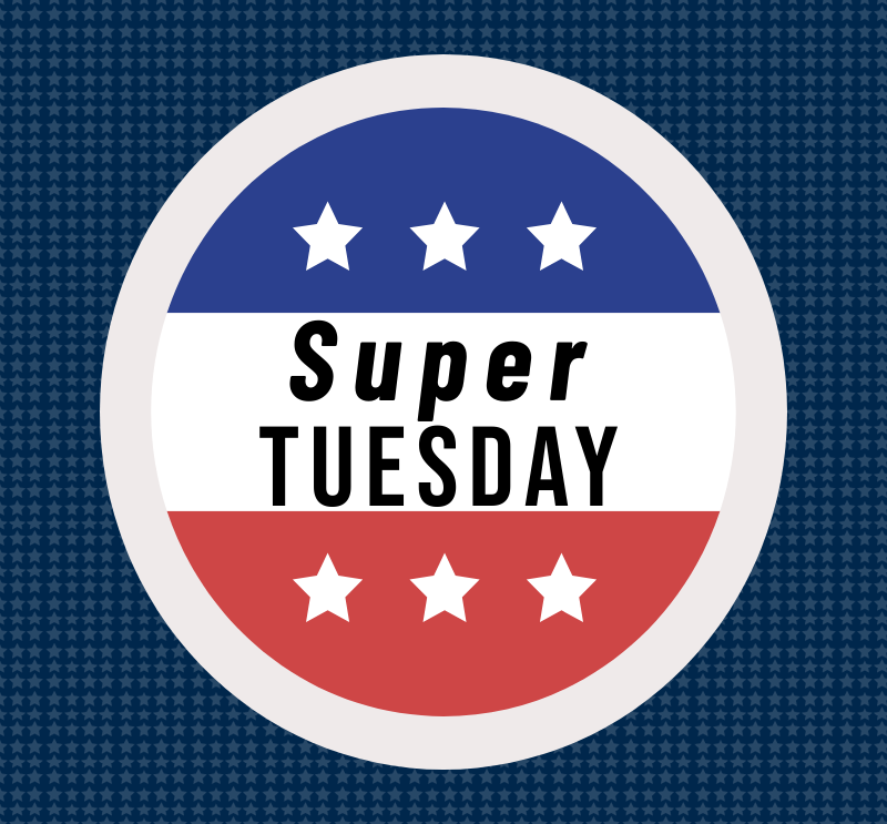 Illustration of a badge with "super tuesday". Image credit: Chloe Oliva