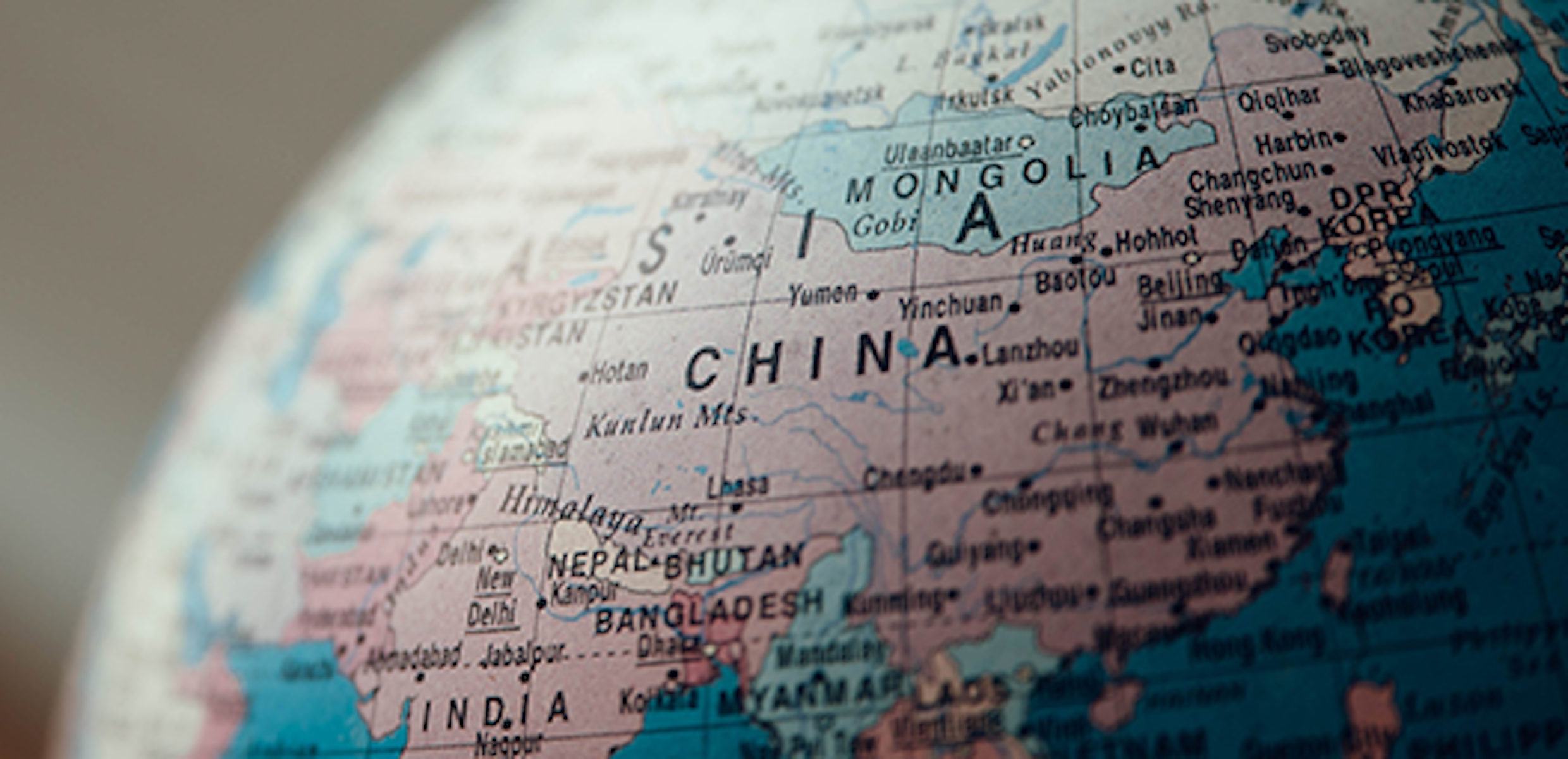 Globe showing region of Asia with China.