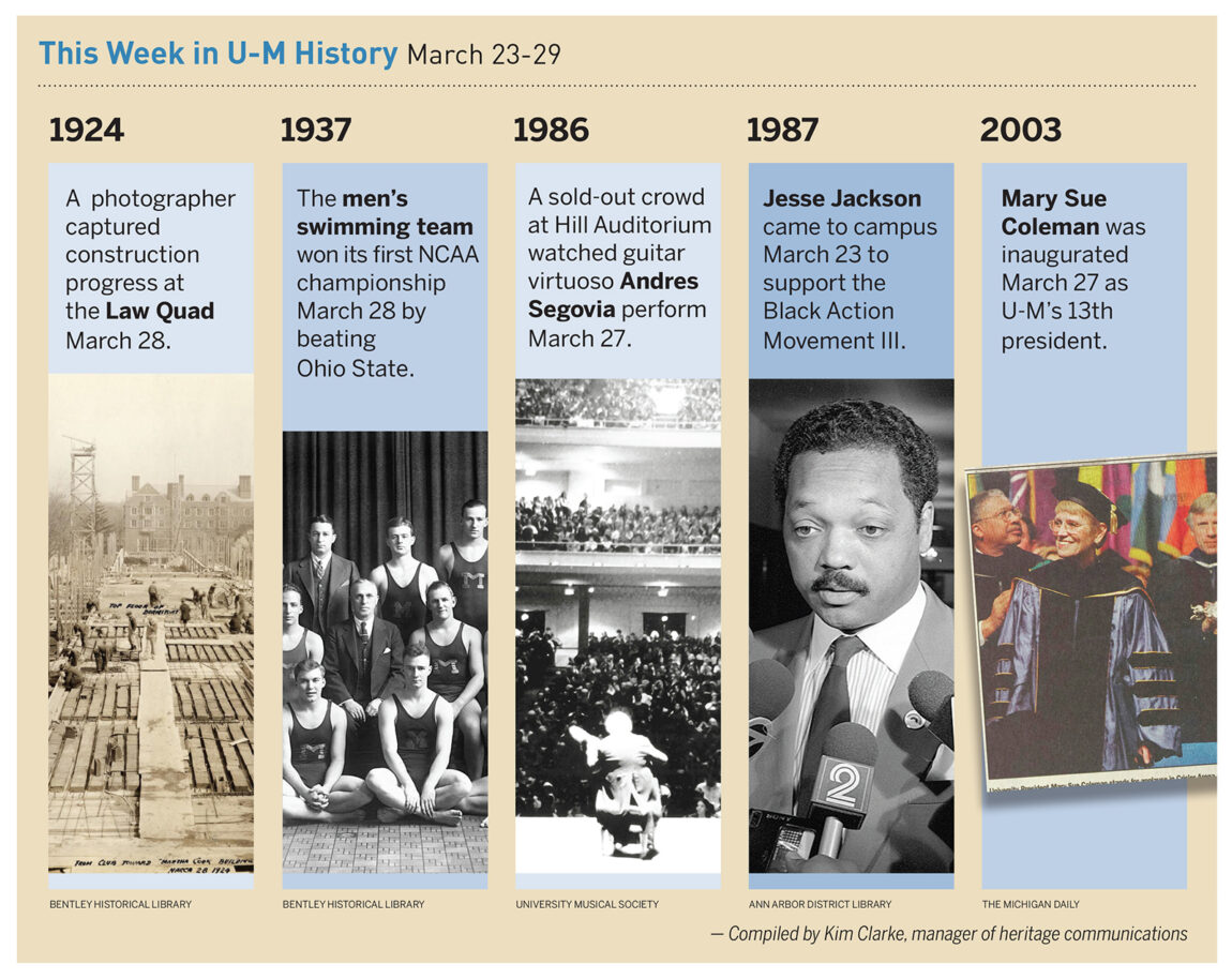 On March 28, 1924, a photographer captured construction progress at the Law Quad. Read about some of the other things that happened in U-M history during the week of March 23-29. Click the photo and expand your browser window to view a larger version.