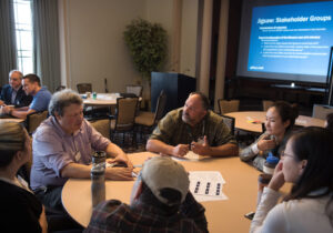 The Galaxy 2018 conference in Ann Arbor featured a stakeholder charrette that brought together local political leaders, MDEQ scientists (now EGLE), activists, Ann Arbor property owners, and other community members to brainstorm designs for a tool to more effectively share information about the 1,4-dioxane plume moving through Ann Arbor's groundwater. Here, Mitch Adelman of EGLE (on left) discusses his organization's perspective and responsibilities with regard to the plume.