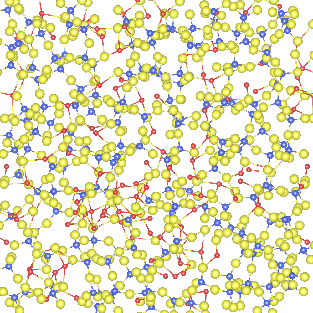 It's hard to predict the properties of a glass from its composition because glasses are disordered structures, as seen in this atom-level simulation. A new machine learning model can predict the density and stiffness of glasses. This information can be used to design better reinforcing fibers for strong and lightweight composite materials in automobiles and wind turbines. Image credit: Qi Group