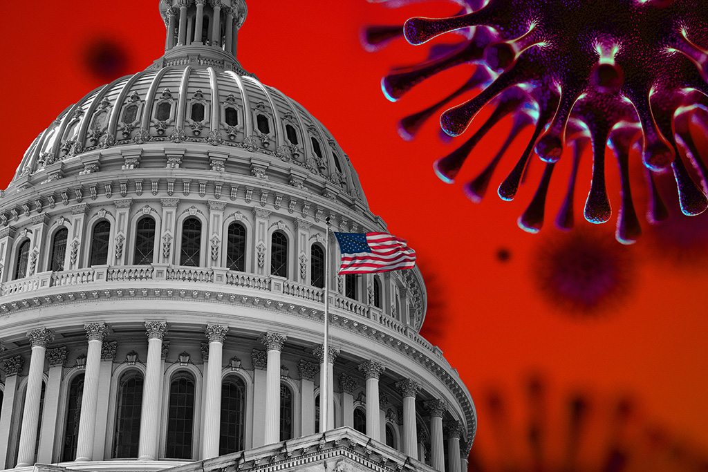 US Flag Capitol State Building Covid19 2020 Pandemic. Image credit: iStock