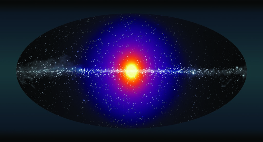 Decaying dark matter should produce a bright and spherical halo of X-ray emission around the center of the Milky Way that could be detectable when looking in otherwise-blank regions of the galaxy. Image credit: Artistic rendering by Christopher Dessert, Nicholas L. Rodd, Benjamin R. Safdi, Zosia Rostomian (Berkeley Lab), based on data from the Fermi Large Area Telescope.