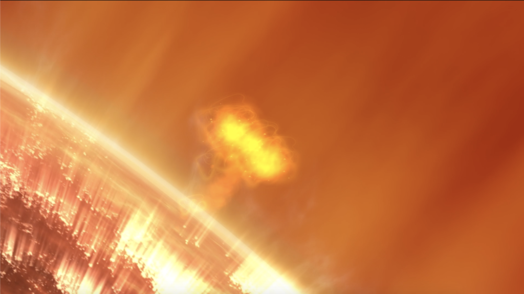 A new NASA mission called SunRISE will study what drives solar particle storms – giant surges of solar particles that erupt off of the Sun – as depicted in this illustration. Understanding how such storms affect interplanetary space can help protect spacecraft and astronauts. Image credit: NASA