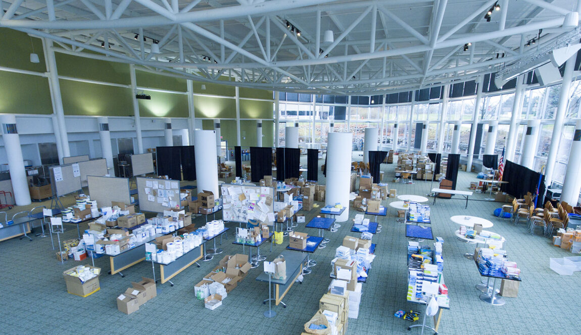 Drone footage shows a dining hall turned into a donation hub with hundreds of items collected from the public.