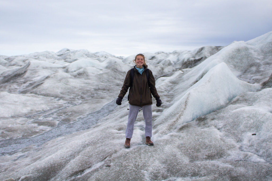 Abigail Meyer, a graduating computer science engineering student, is pictured atop Russell Glacier in Greenland Ice Sheet. (Photo by Marc Koerschner)