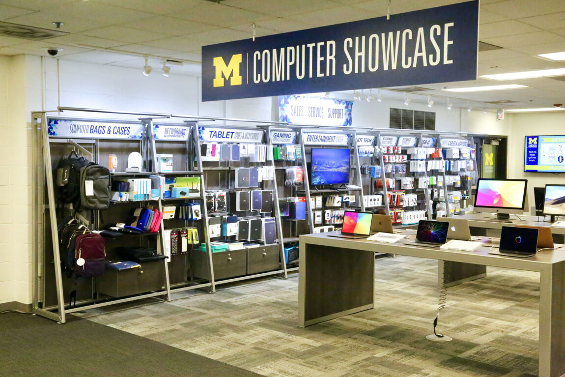 Even though ITS Computer Showcase stores are not busy with walk-in traffic, staff have been working with U-M employees and departments to make technology purchases through the Computer Showcase online catalog. (Photo by Joel Iverson, ITS communications)