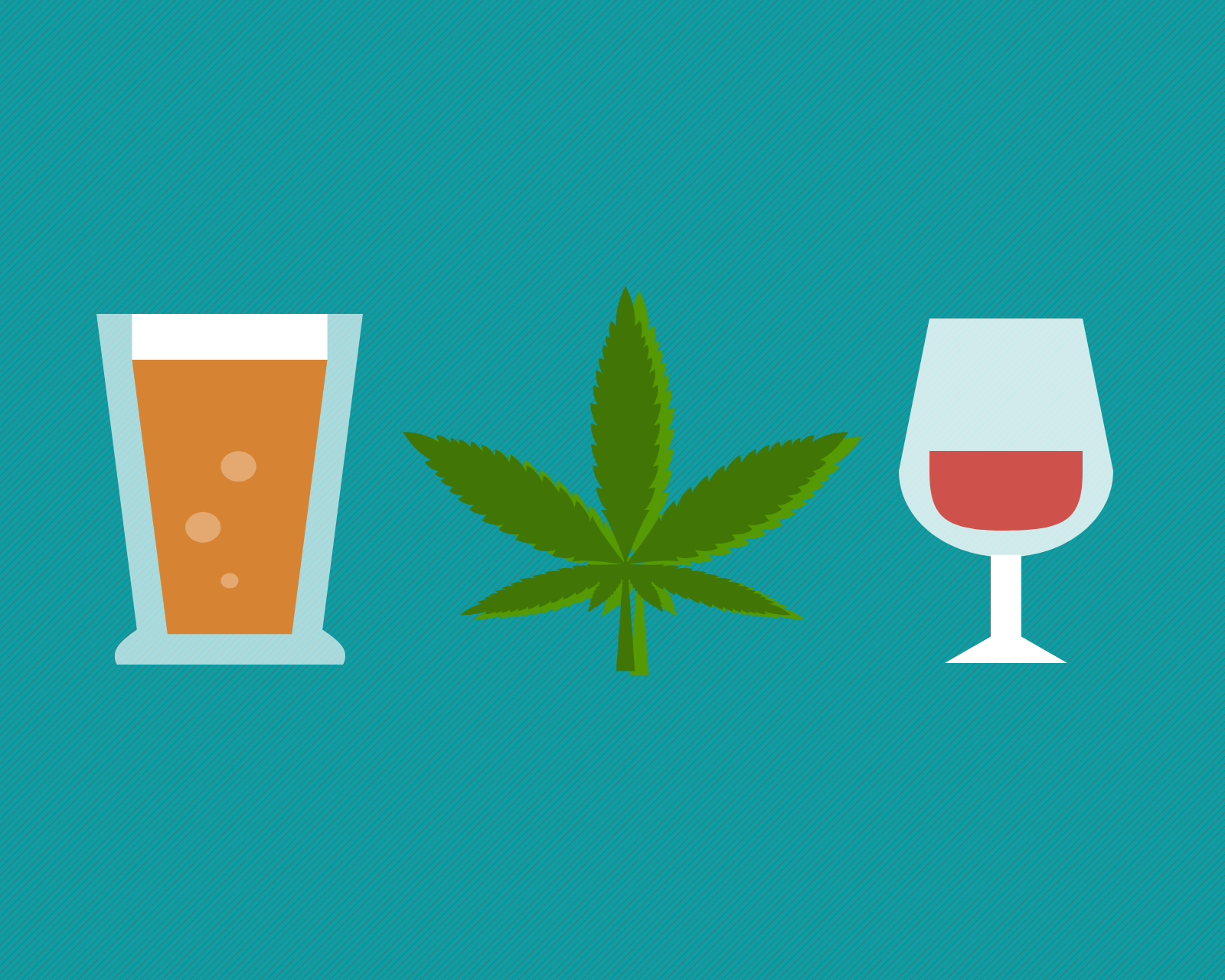 Illustration of a glass of beer, a glass of wine, and a marijuana leaf. Image credit: Chloe Oliva