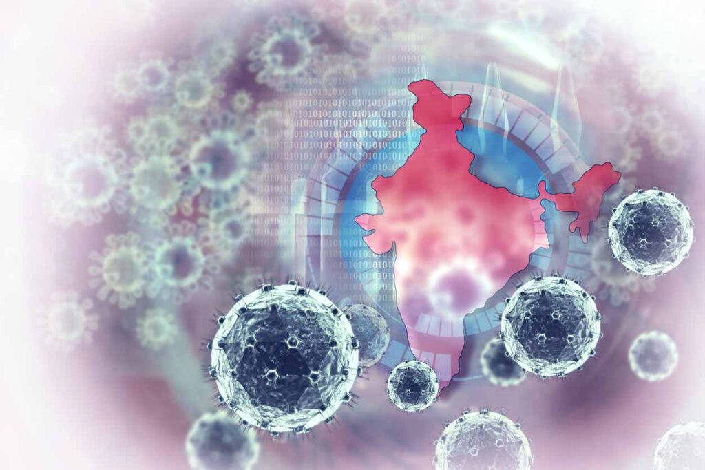 Coronavirus on scientific background and India. Image credit: iStock