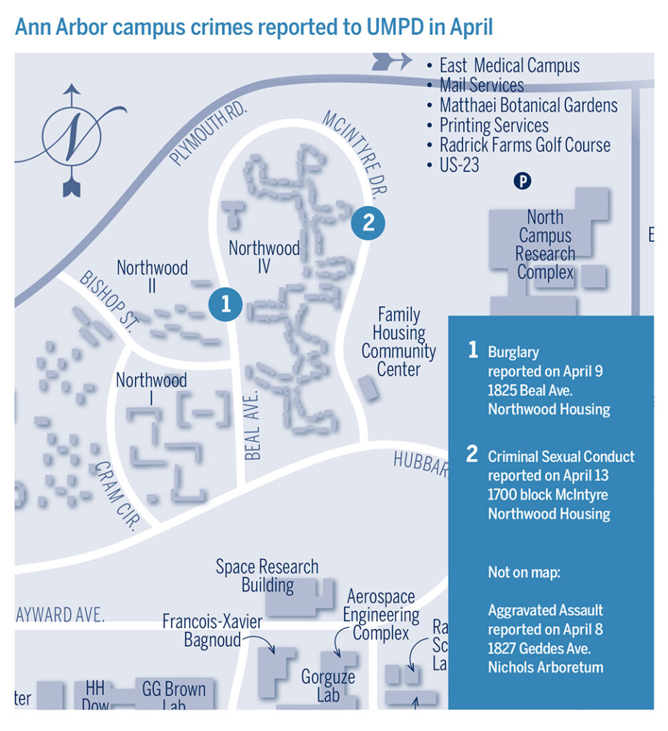 Map shows locations of crimes reported at U-M in April.