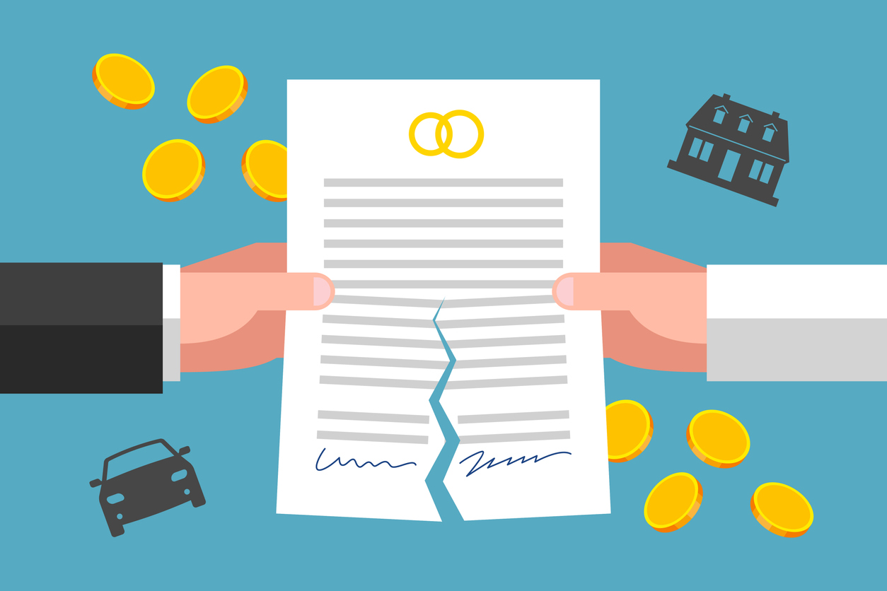 Hands of ex-wife and ex-husband are tearing prenuptial agreement, gold coins and silhouettes of house and car are around. Financial implications of divorcement. Legal side of family breakdown Image credit: Vaselena
