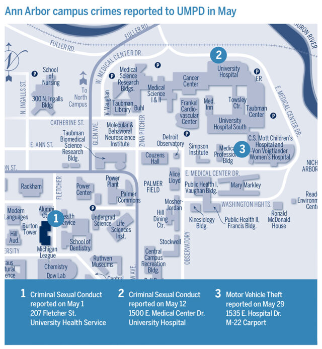 Map shows locations of crimes reported at U-M in May. Click the image and enlarge your browser window to view a larger version.