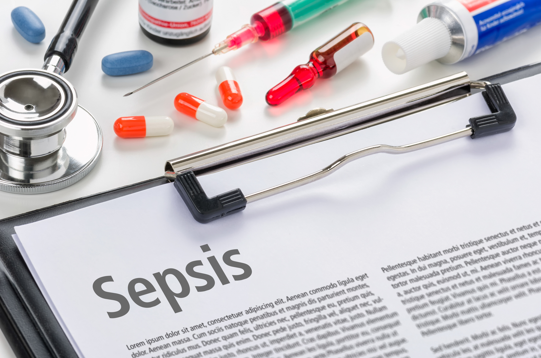 The diagnosis Sepsis written on a clipboard. Image credit: iStock